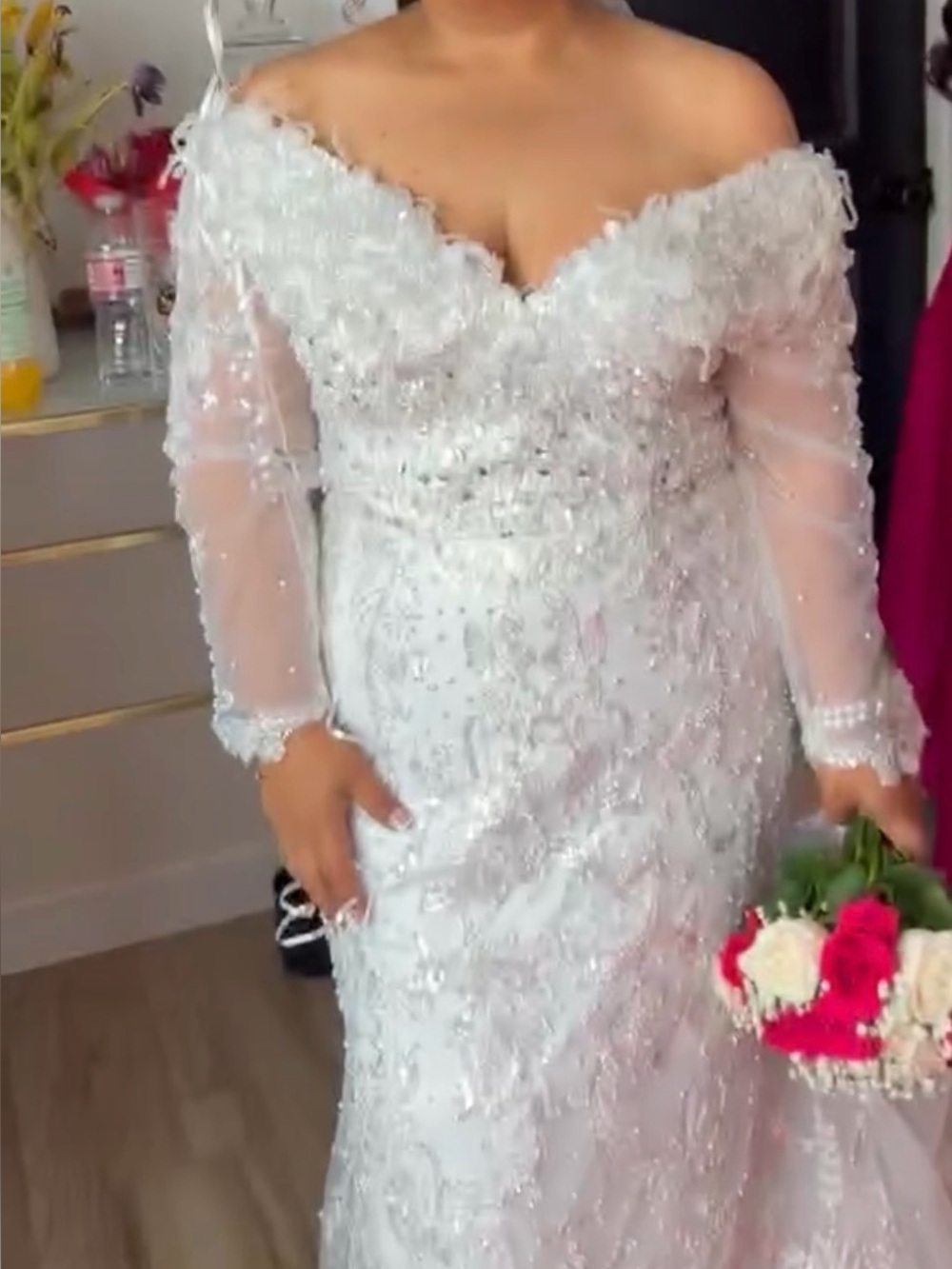 White Beaded Off-Shoulder Long Sleeve Bridal Gown